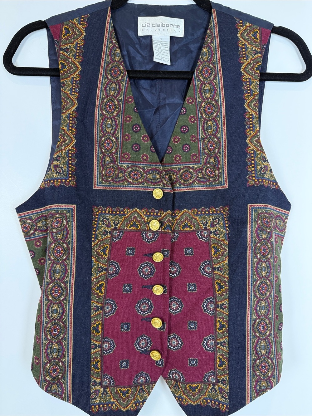 ✨VTG 90s Liz Claiborne Collection Paisley Patchwork Vest Small Gold Button Front